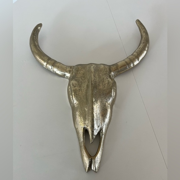Cast Metal Gold Toned Cow Skull Steer Head Hanging Western Wall Art